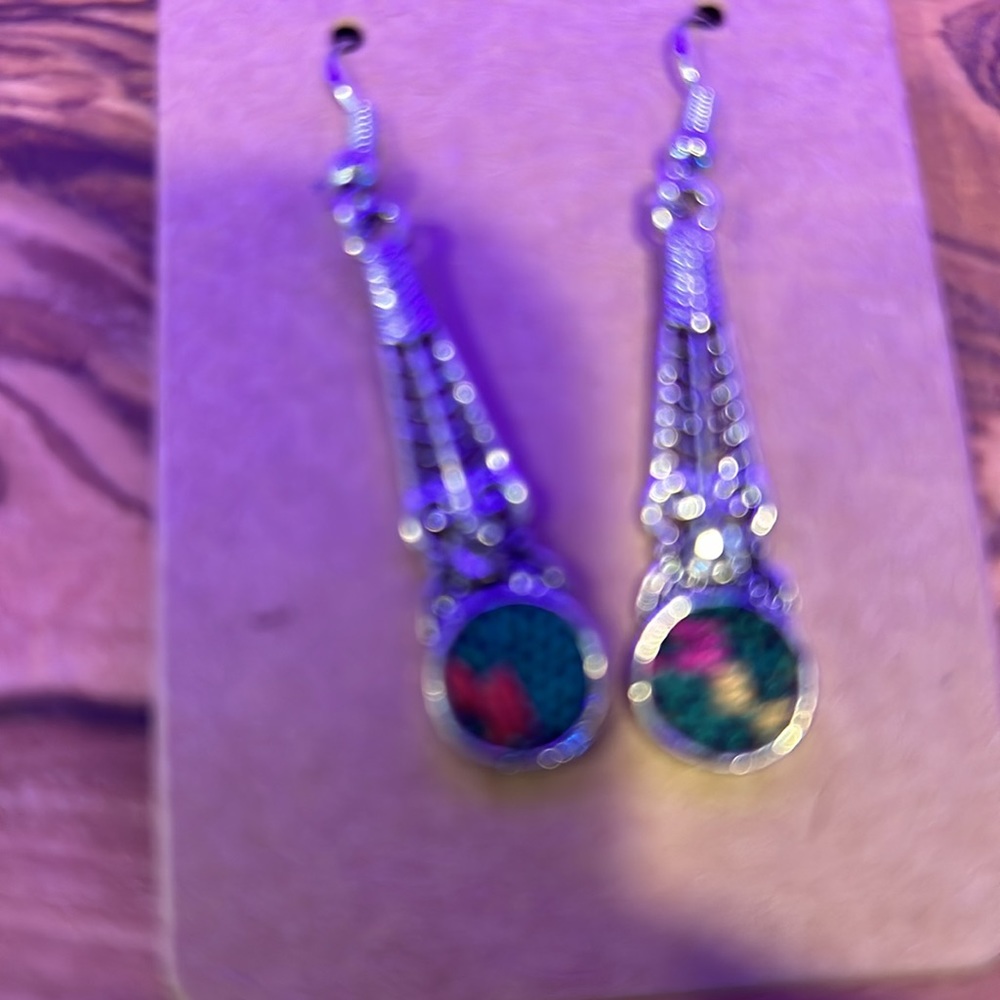 NEW Earrings, Silver with Green, Orange and yellow design, 2” - Picture 6 of 7